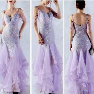 Purple, Abstract Print, Beaded Draped Sleeves,  Backless,  Sequined Mermaid Gown
